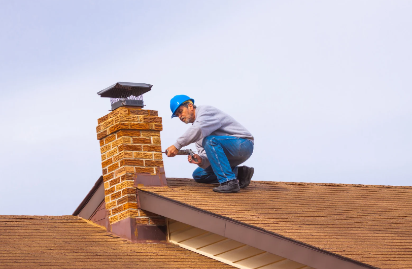 Roofing crew repairing chimney flashing on an Ohio Home